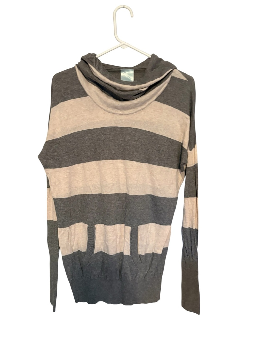 Vintage Aphorism Sweater  Wide-Striped Gray and Cream Cowl Neck with hood size M